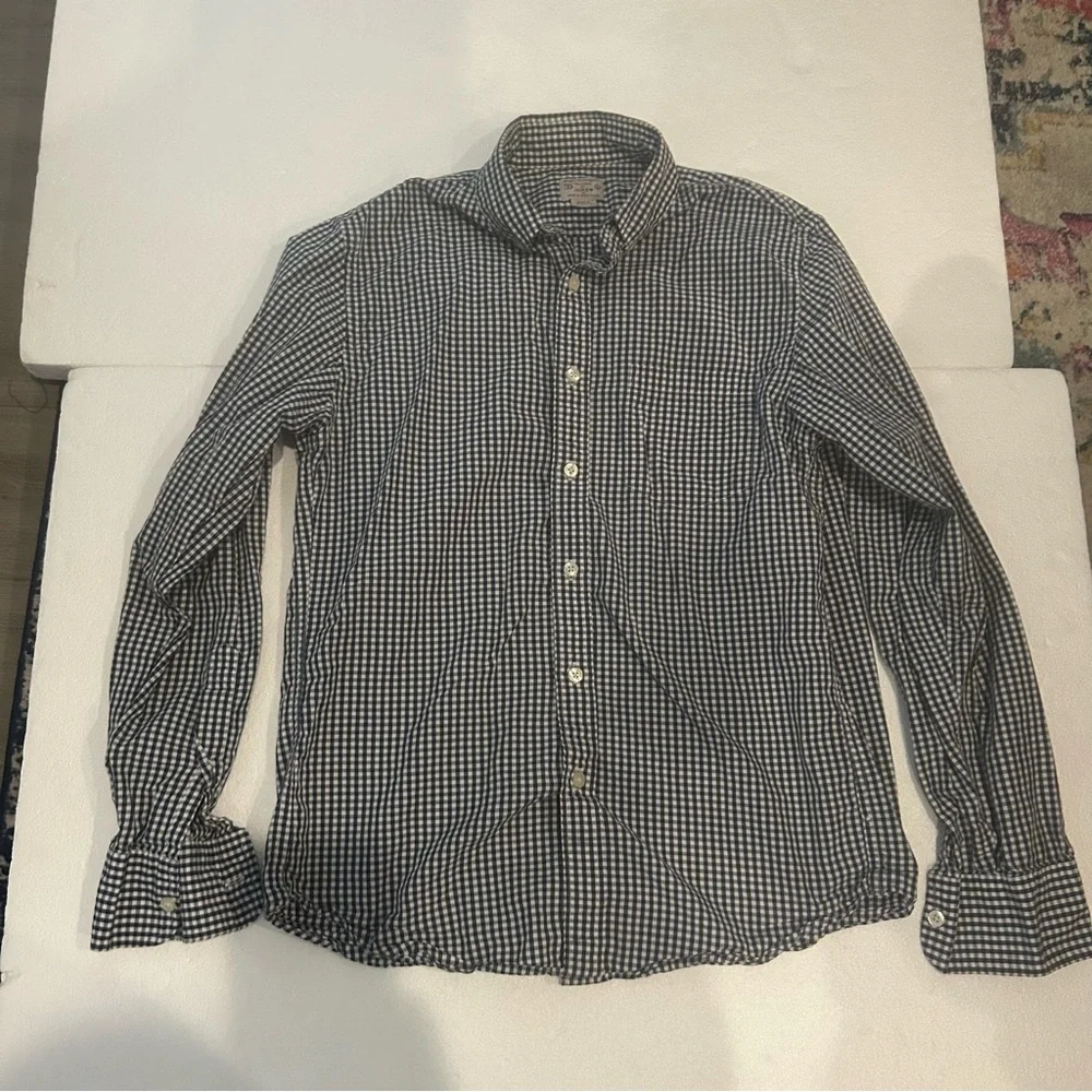 J Crew woven checkered navy white button down long sleeve shirt
